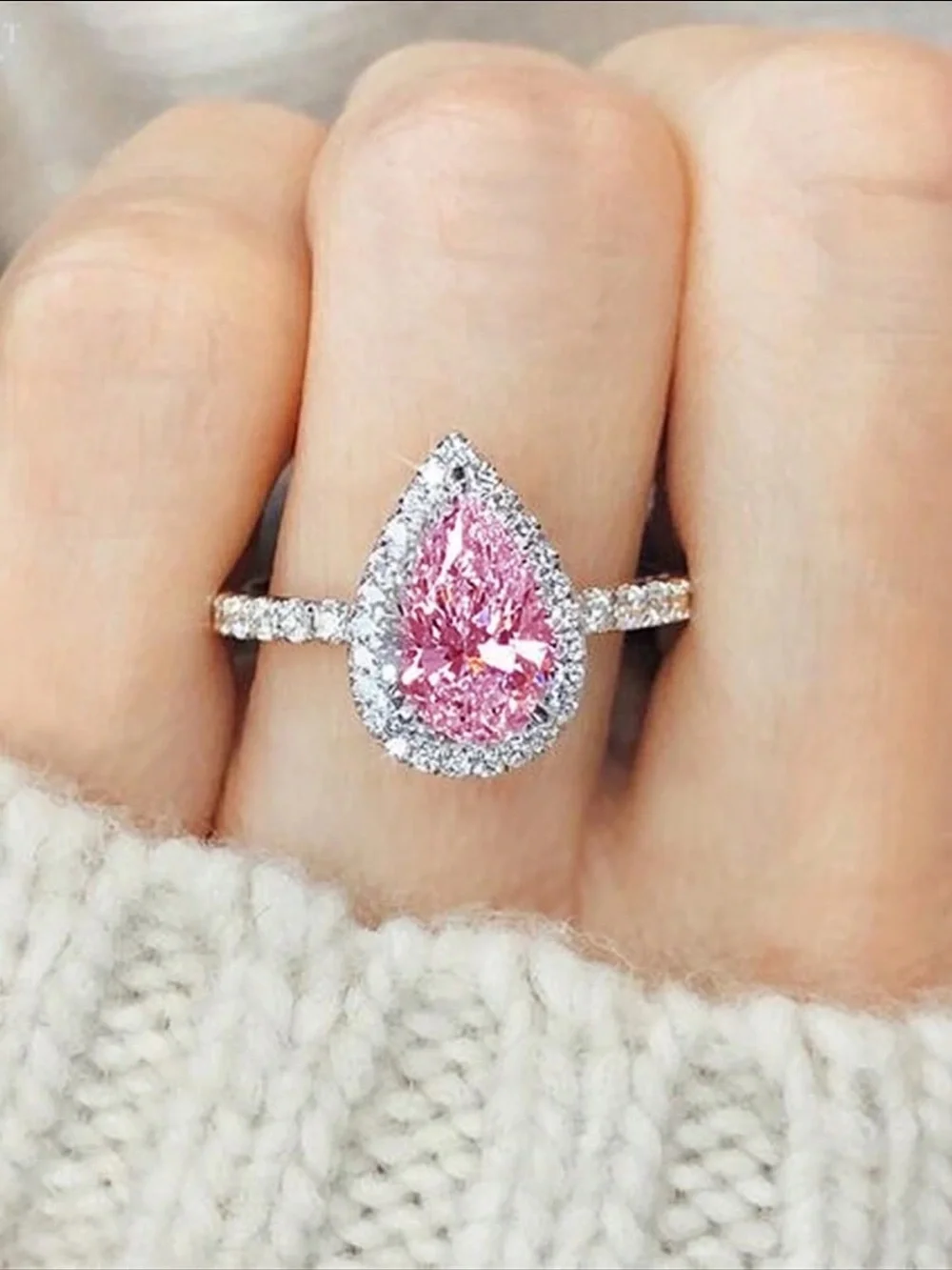 Pink silver pear shaped ring